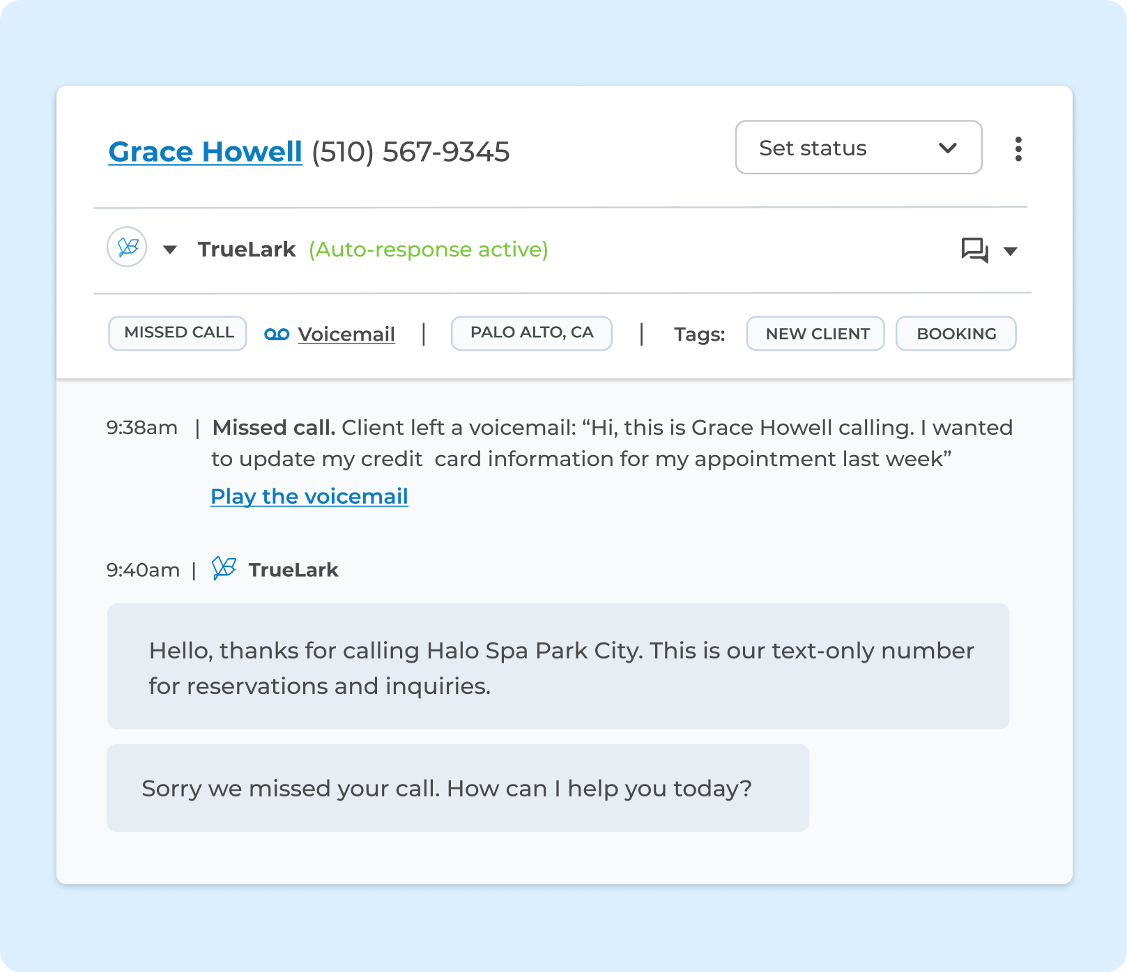 TrueLark AI starting text conversation with missed call client