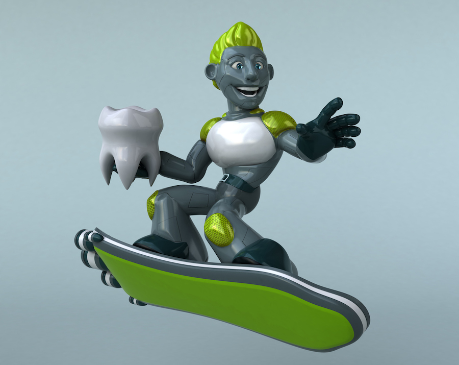 Green robot holding tooth