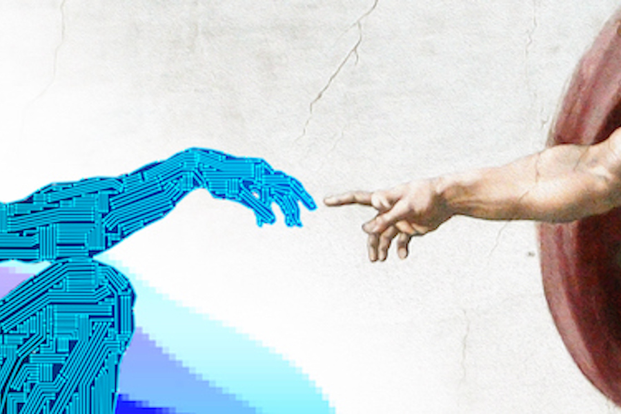 Version of Michelangelo's painting "The Creation of Adam" depicting the development of artificial intelligence and machine learning. AI chat concept.