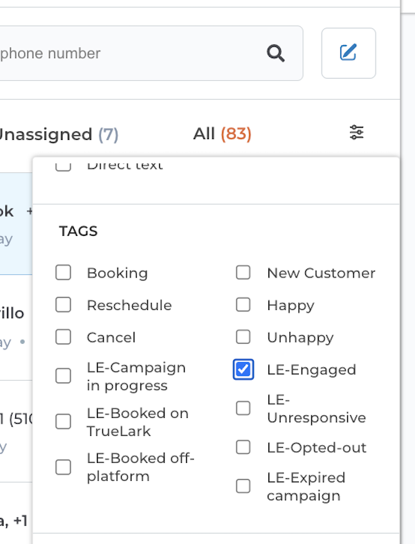 TrueLark Lead Engage feature campaign status reporting screenshot