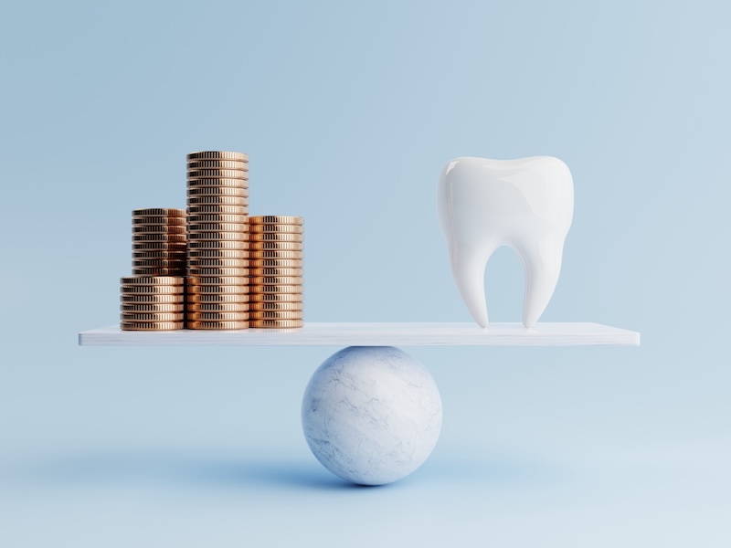 Dental Tooth And Golden Coin On Balancing Scale On Blue Background. Dental AI Software ROI Financial Concept. Money Saving And Cash Flow Theme. 3D Illustration Rendering